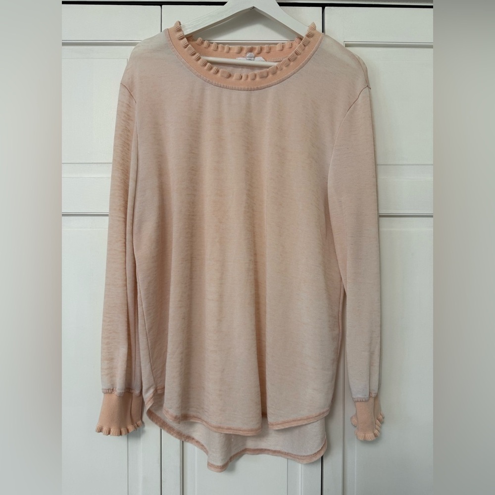 Jane + Delancy Pastel Pale Peach Ruffle Collar & Sleeves Sheer Blouse Large